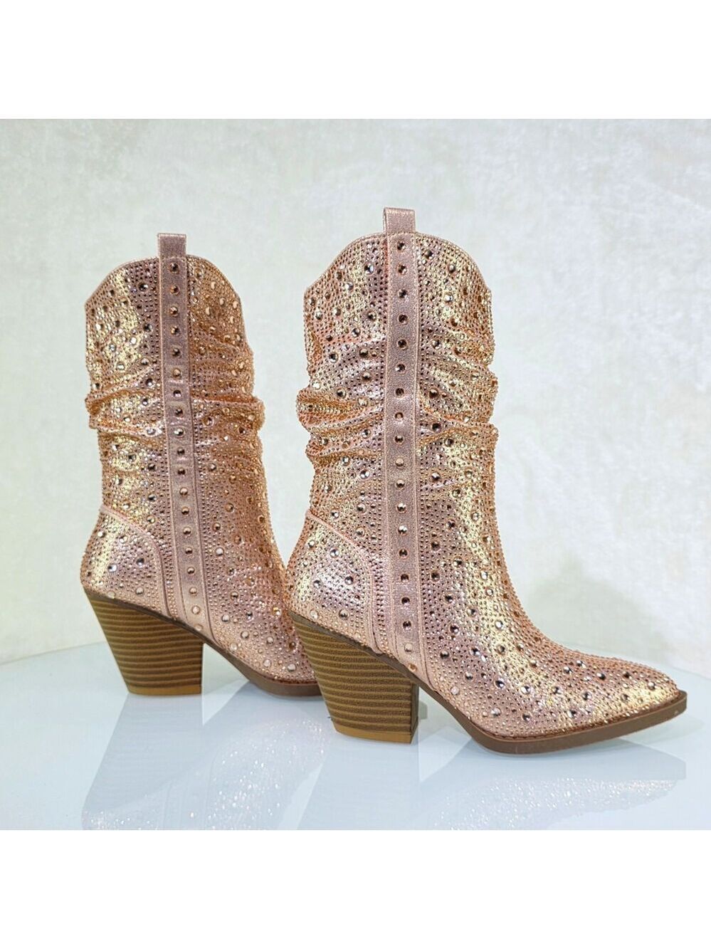 NIB Angel Riders Rhinestones Country Western Cowgirl Slouch Calf Boots Rose Gold